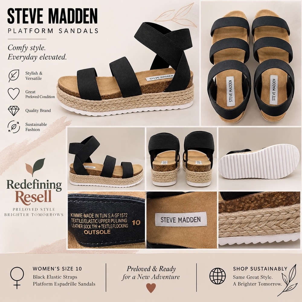 Steve Madden Kimmie Black Elastic Strap Platform Espadrille Sandals Womens 10